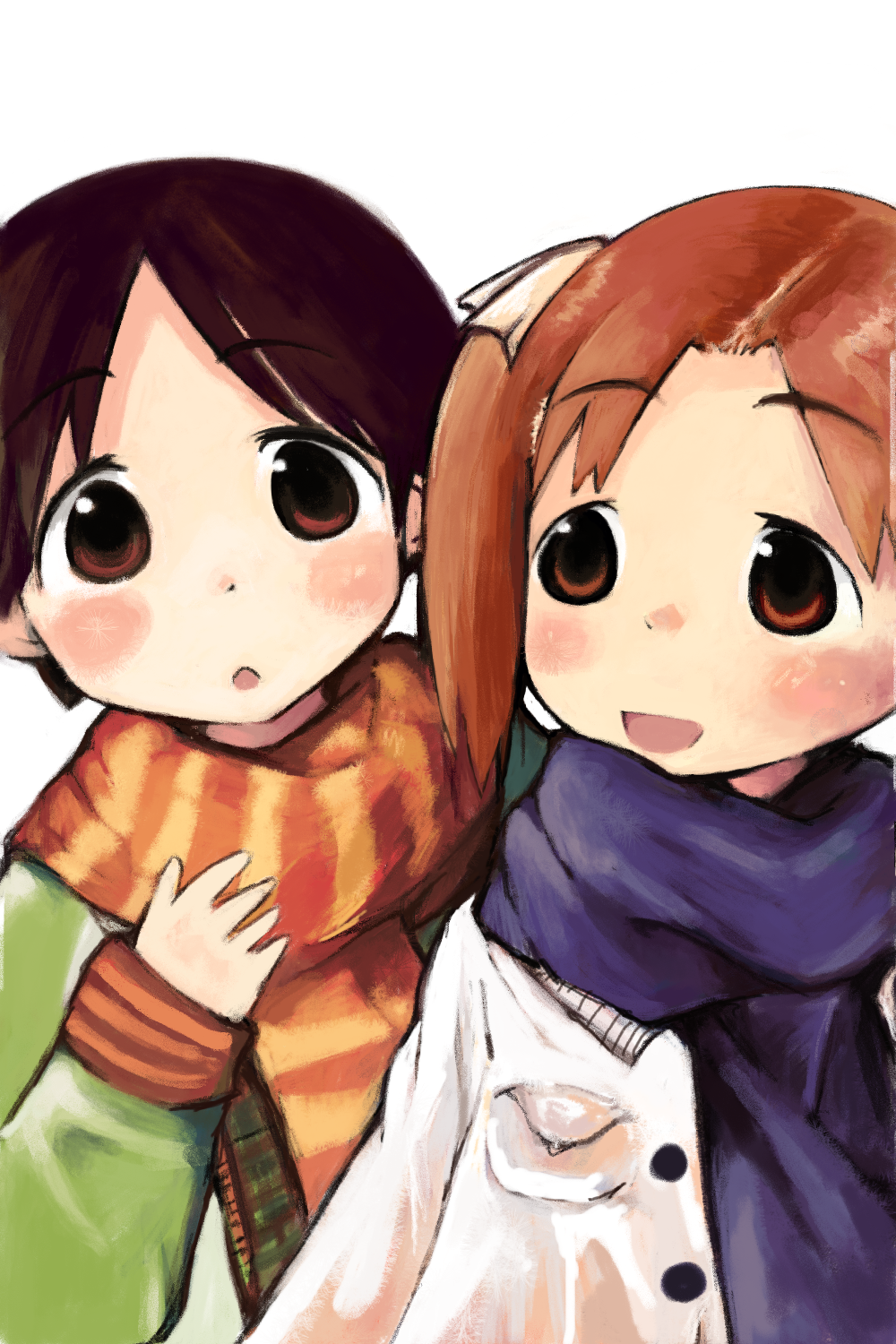 blush, brown_eyes, brown_hair, coat, highres, ichigo_mashimaro, itou_chika, matsuoka_miu