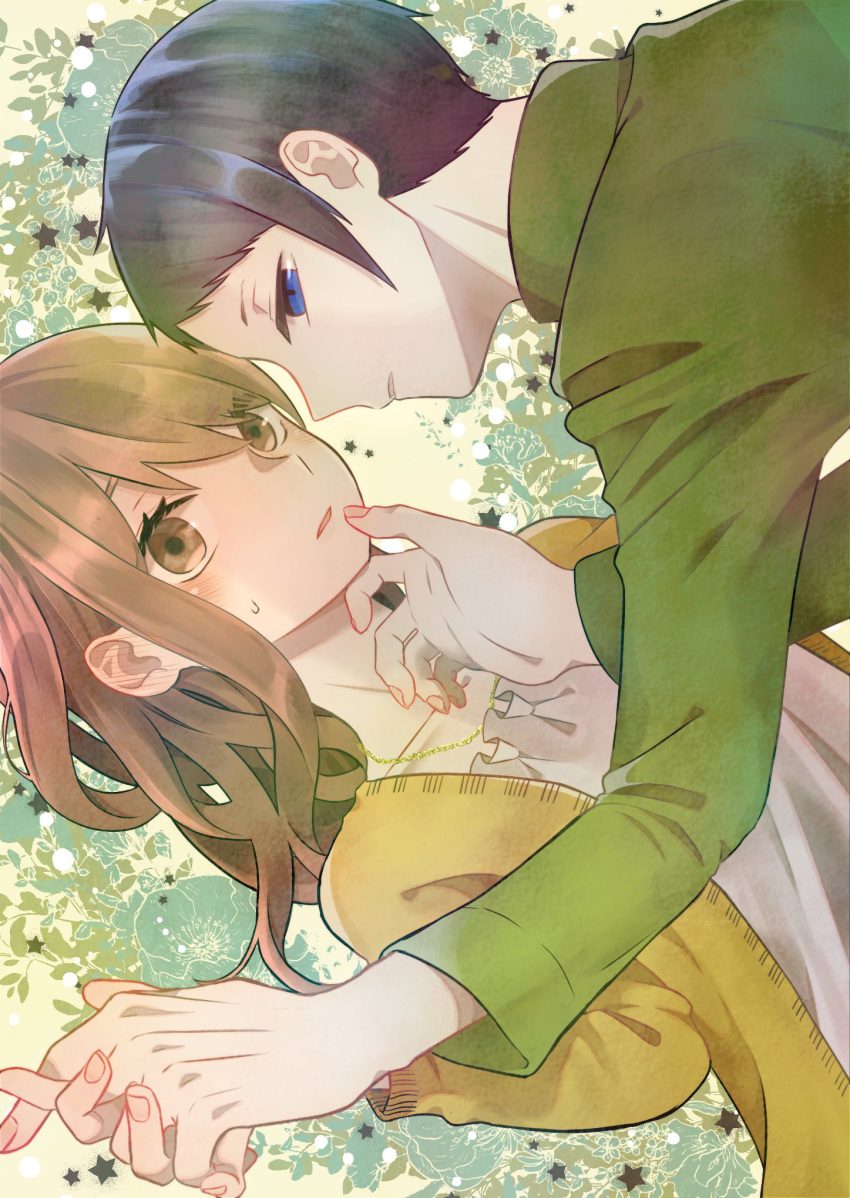 1girl, black_hair, blue_eyes, brown_eyes, brown_hair, gokuto_jihen, green_shirt, hand_on_another's_chin