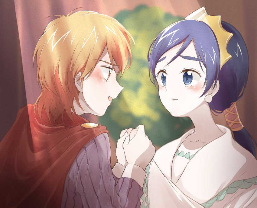 2girls, absurdres, blue_eyes, blue_hair, blush, cape, commentary_request, cosplay