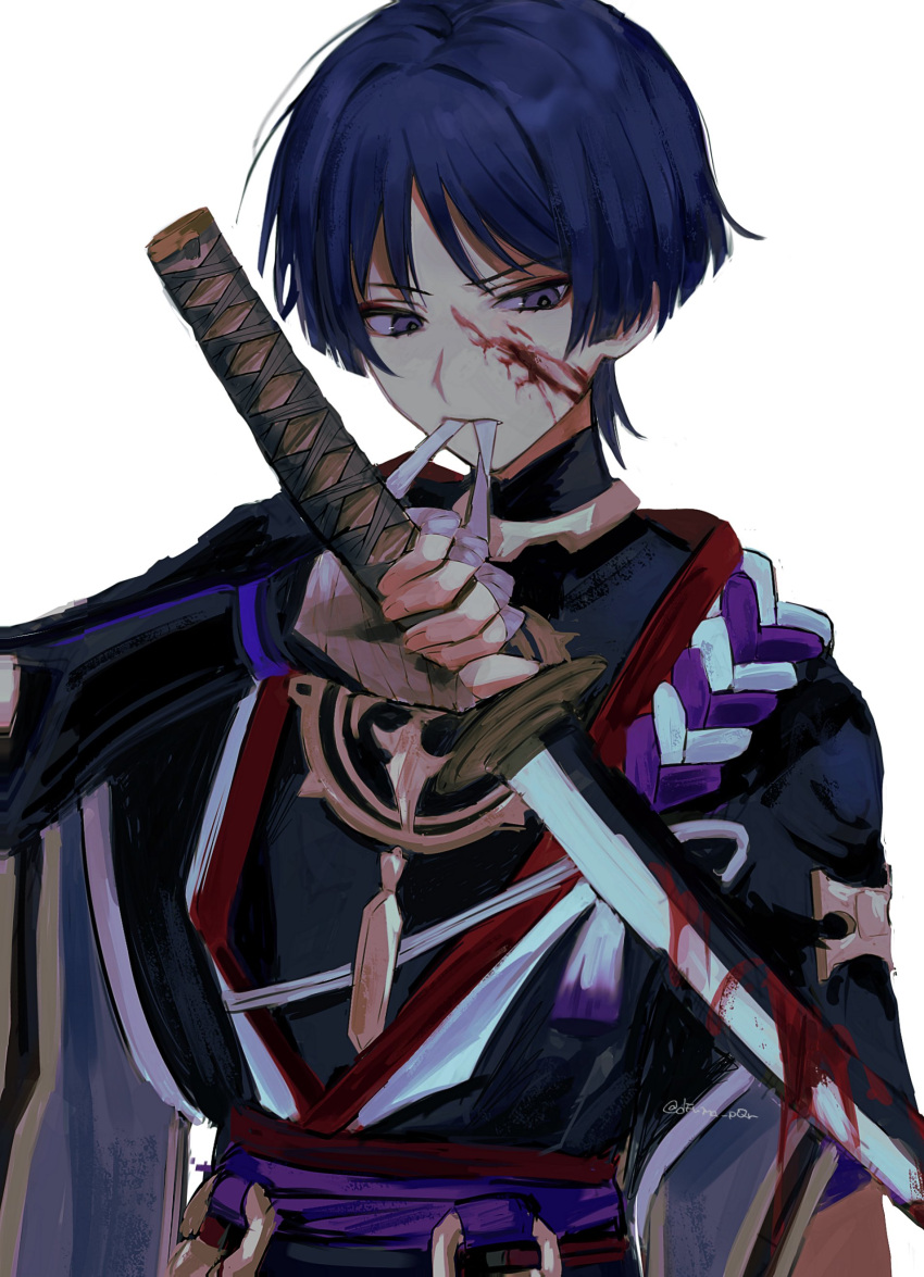 1boy, absurdres, armor, bandaged_hand, bandages, blood, blood_on_face, blood_on_weapon, blue_hair, dfuma_pqr, eyeliner, eyeshadow, genshin_impact, highres, holding, holding_sword, holding_weapon, japanese_armor, katana, kote, kurokote, makeup, mouth_hold, red_eyeshadow, scaramouche_(genshin_impact), short_hair, simple_background, solo, sword, violet_eyes, weapon, white_background