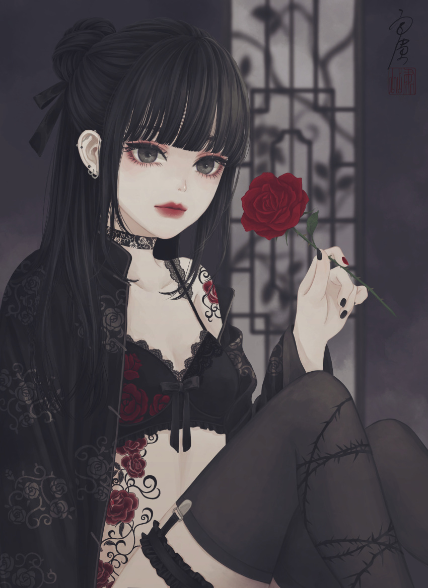 1girl, absurdres, bangs, black_bra, black_choker, black_eyes, black_hair, black_jacket