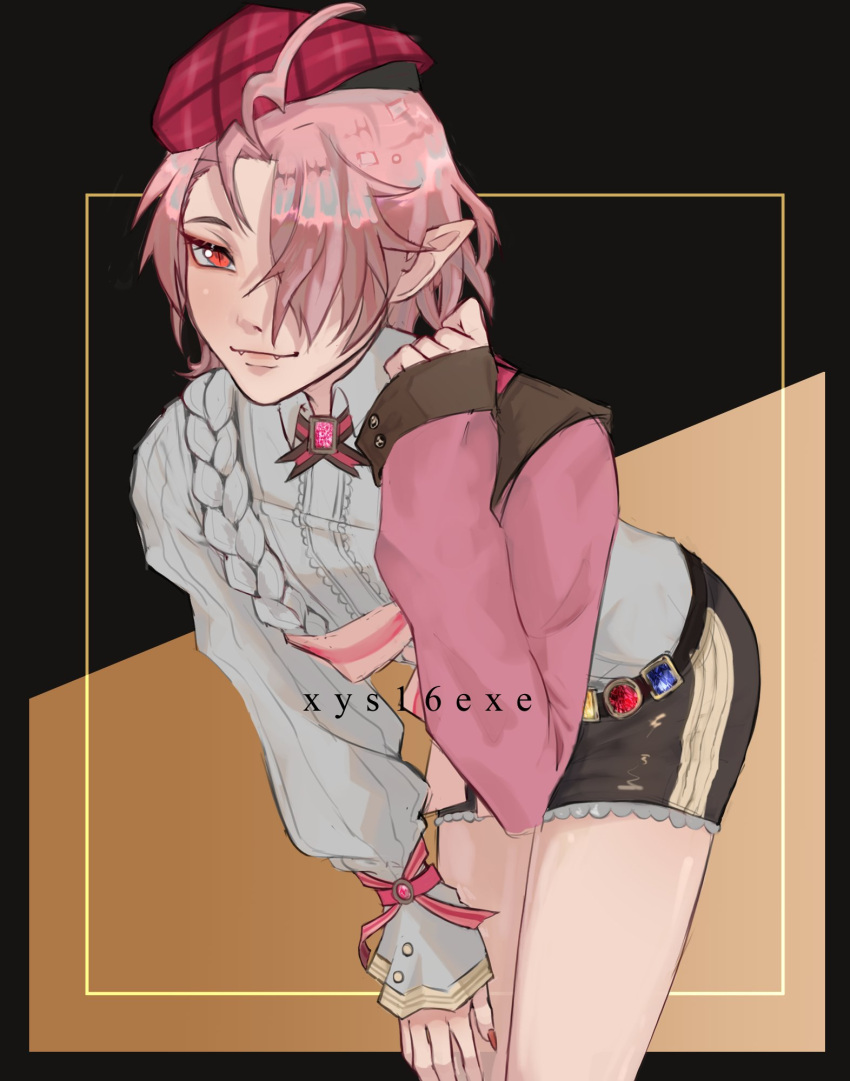 1boy, androgynous, aster_(nu_carnival), black_shorts, blush, bow, fangs, hat
