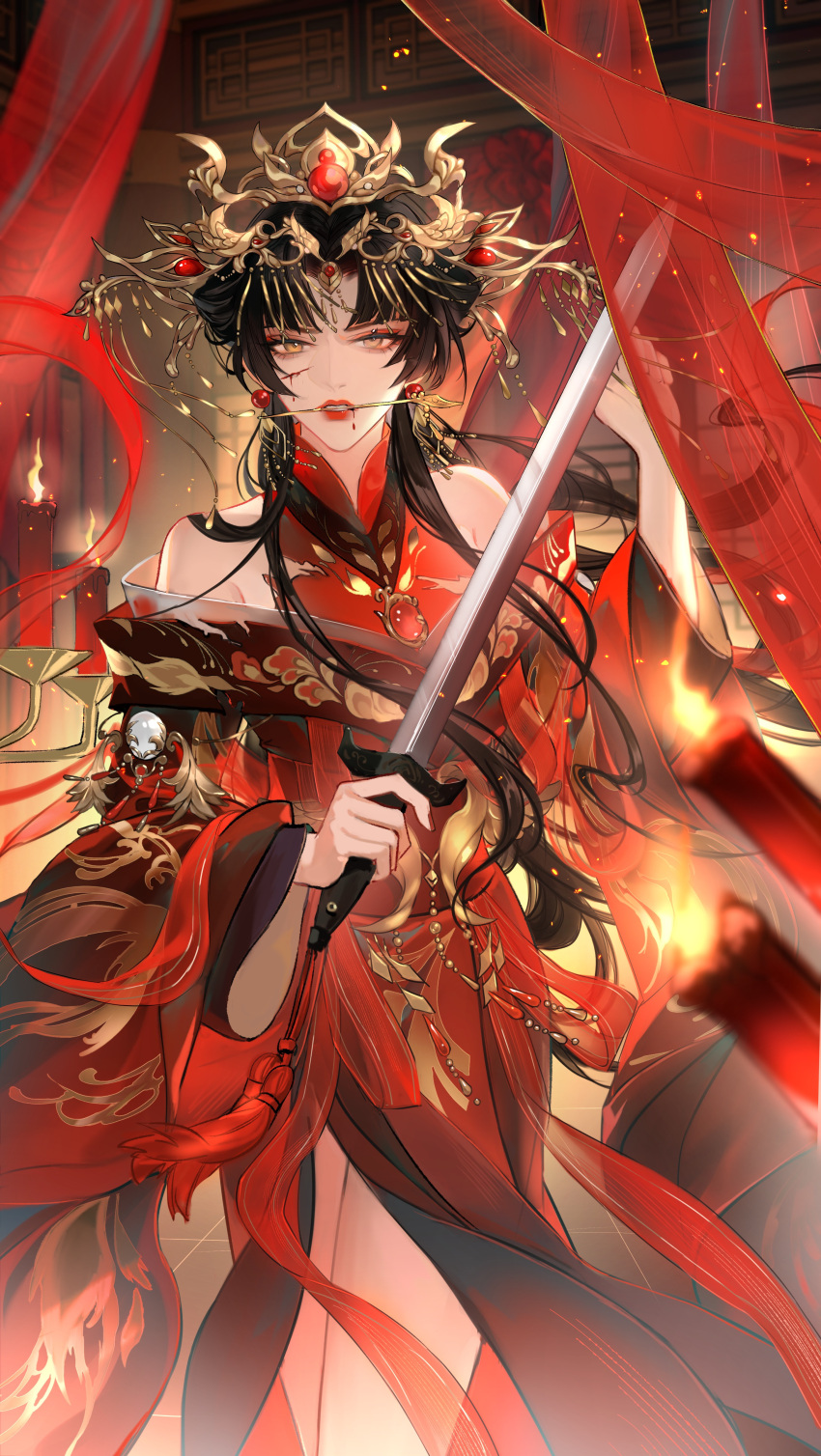 1girl, absurdres, amber_eyes, bare_shoulders, black_hair, blood, brooch, candle