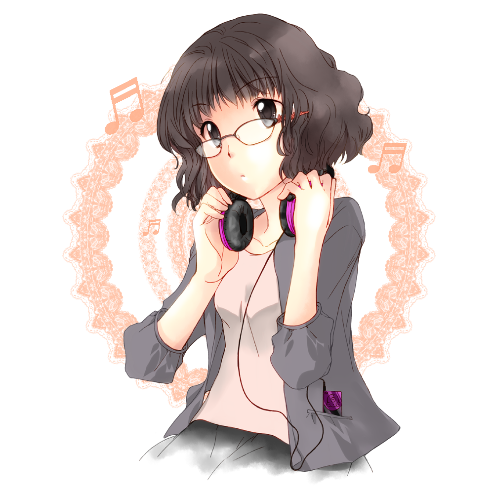 black_hair, casual, glasses, headphones, k-clover4, music, original, shizaki_asuka