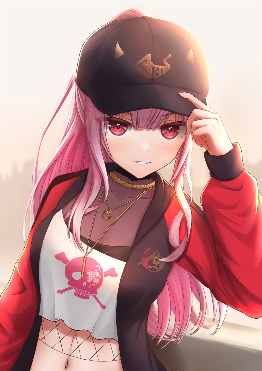 1girl, backlighting, bangs, baseball_cap, black_headwear, black_jacket, collarbone, crop_top