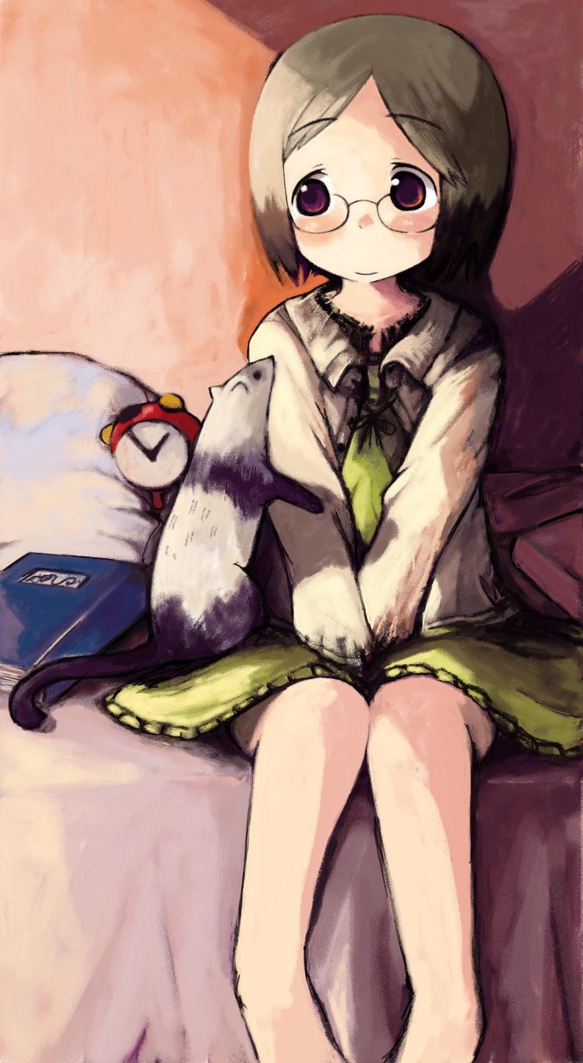 alarm_clock, barefoot, bed, book, brown_eyes, brown_hair, clock, dress