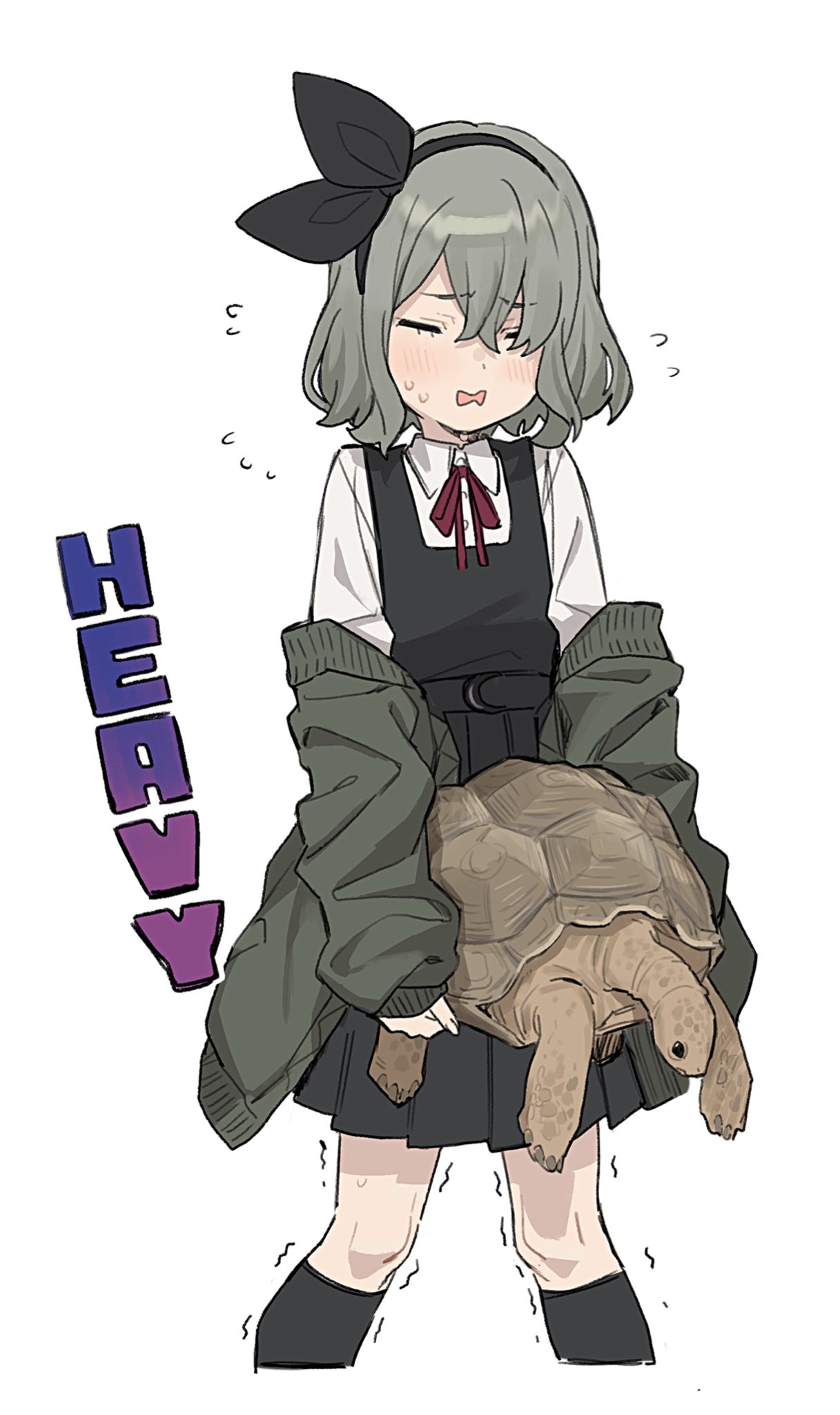 1girl, animal, bangs, black_legwear, black_skirt, black_vest, bow_hairband, closed_eyes