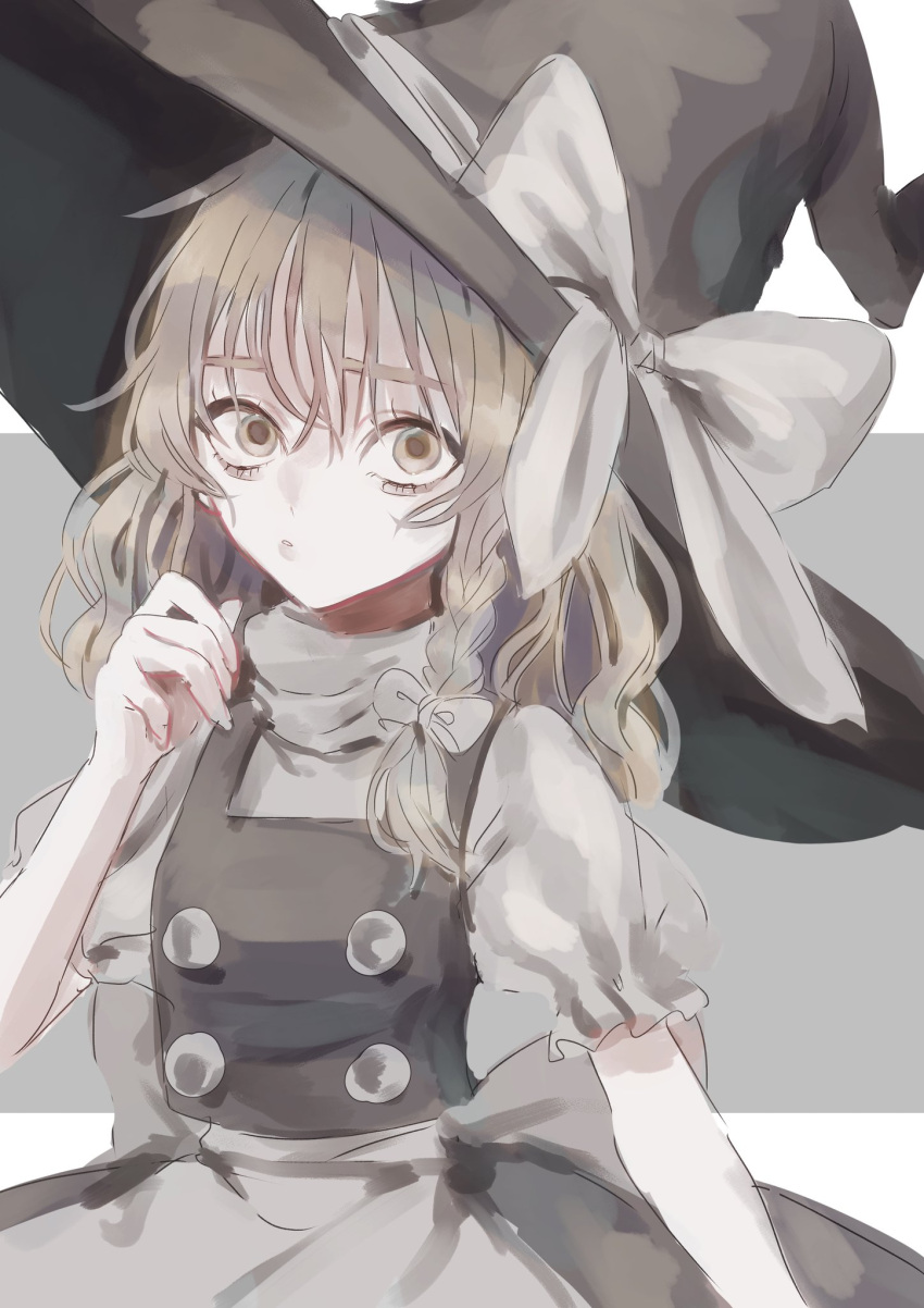 1girl, apron, arm_at_side, black_headwear, black_skirt, black_vest, blonde_hair, bow