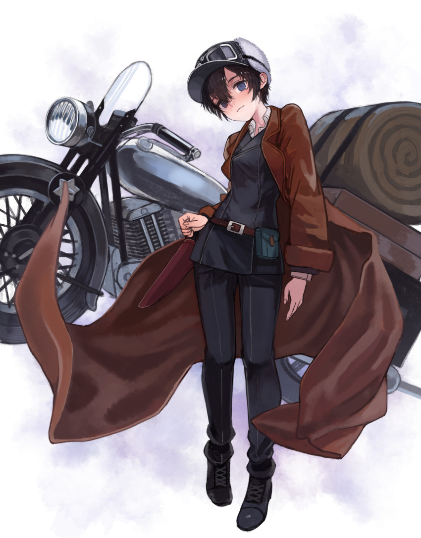 1girl, black_hair, black_jacket, black_pants, blue_eyes, brown_coat, coat, commentary