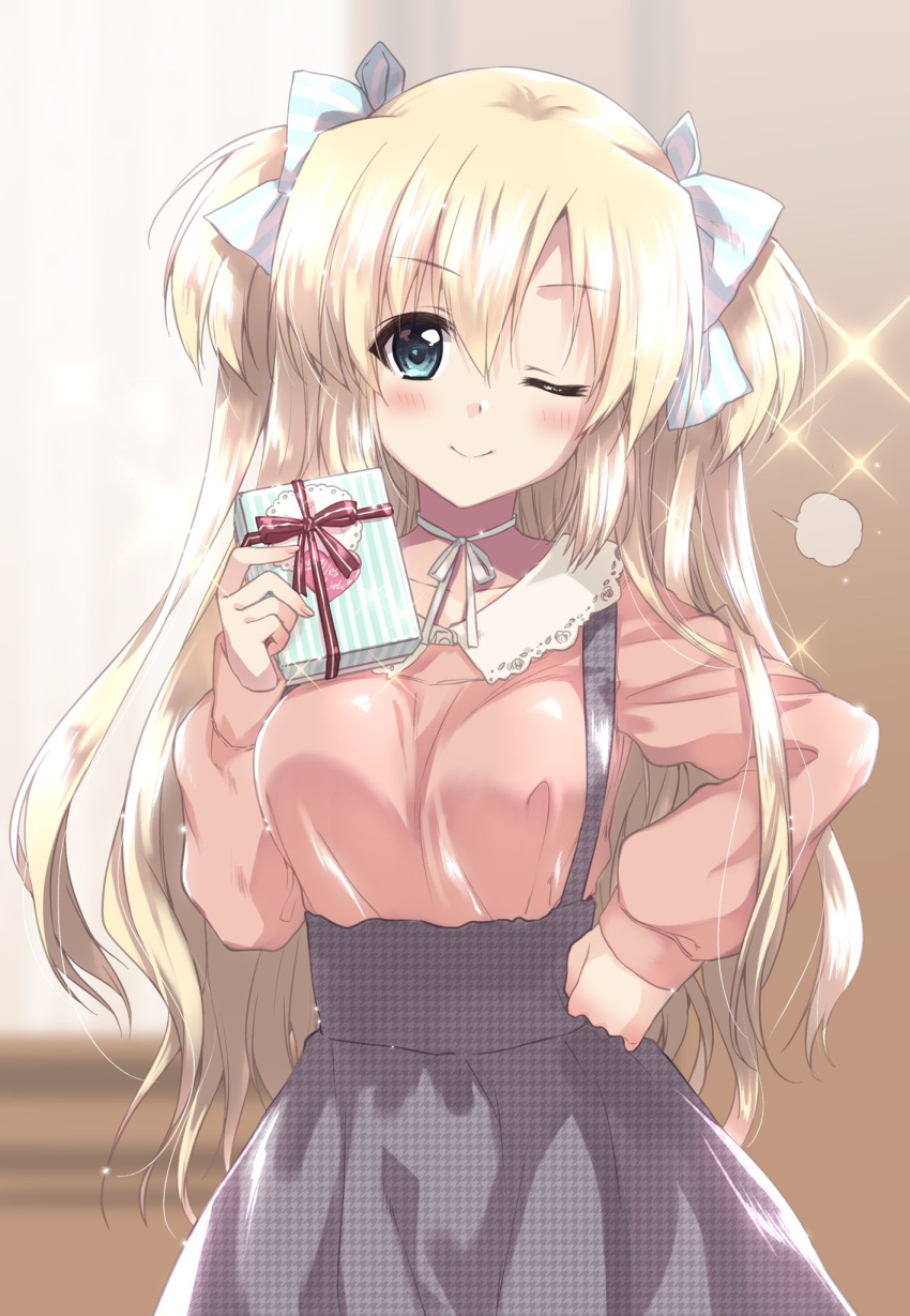 1girl, =3, bangs, black_skirt, blonde_hair, blue_eyes, blurry, blurry_background