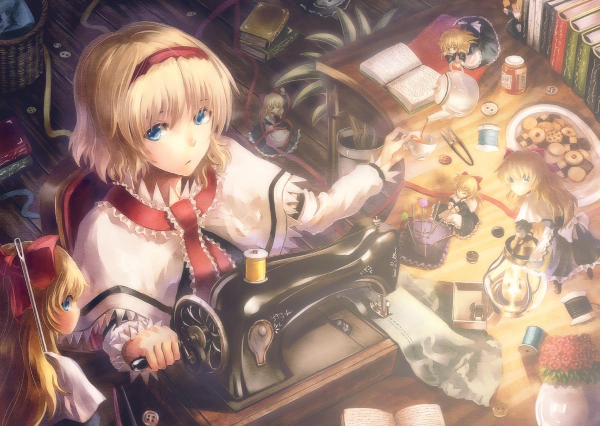 alice_margatroid, apron, basket, blonde_hair, blue_eyes, book, bow, buttons