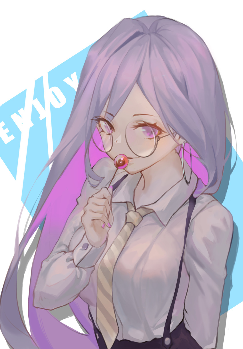 1girl, absurdres, blue_background, brown_necktie, candy, chinese_commentary, collared_shirt, colored_inner_hair