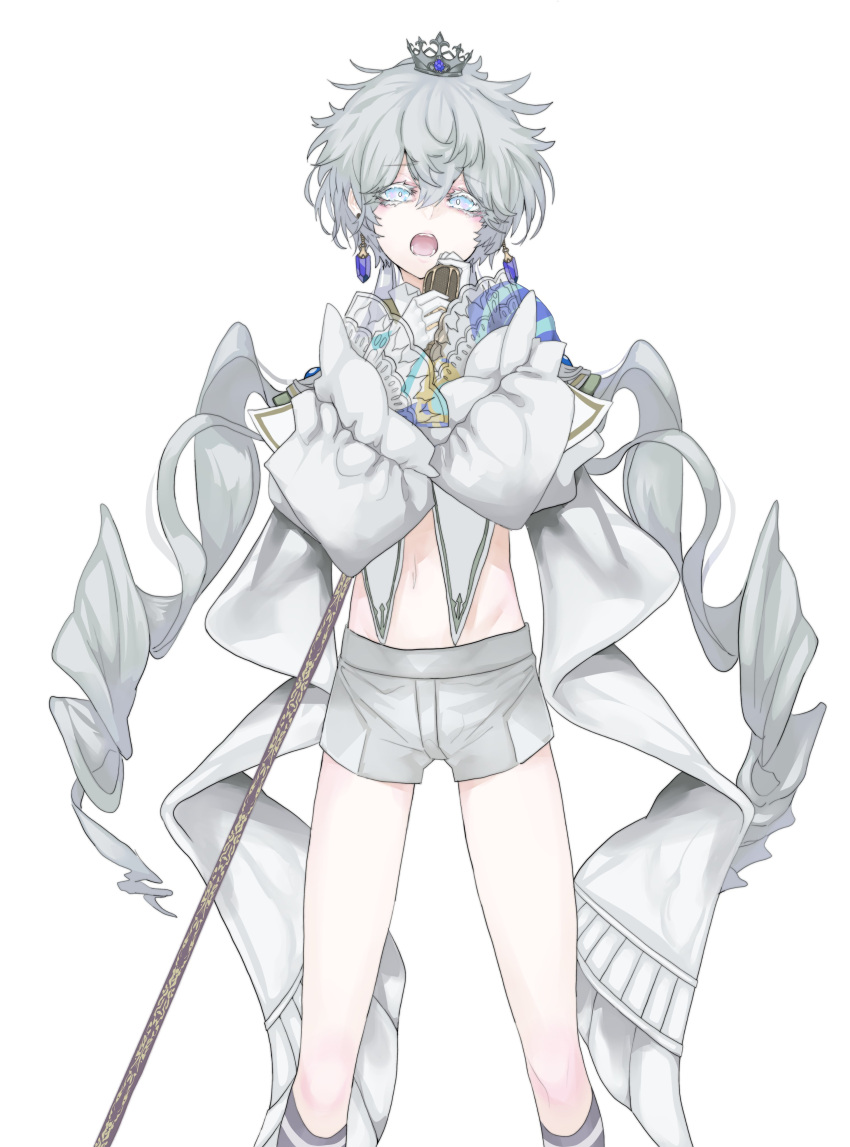 1boy, absurdres, androgynous, blue_eyes, crop_top, crown, earrings, edel_eckerd