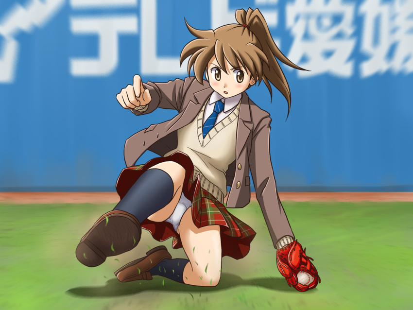 baseball_mitt, brown_eyes, brown_hair, jacket, legs, lielos, necktie, original