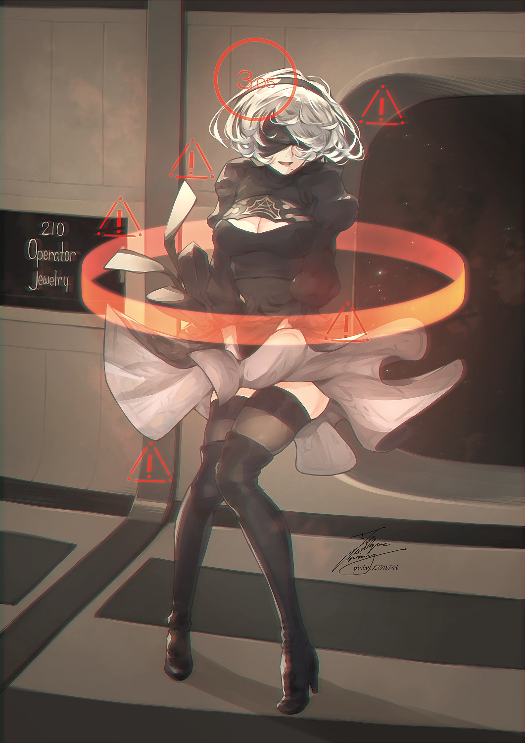 1girl, android, blindfold, clothes_lift, fadingz, full_body, high_heels, highres