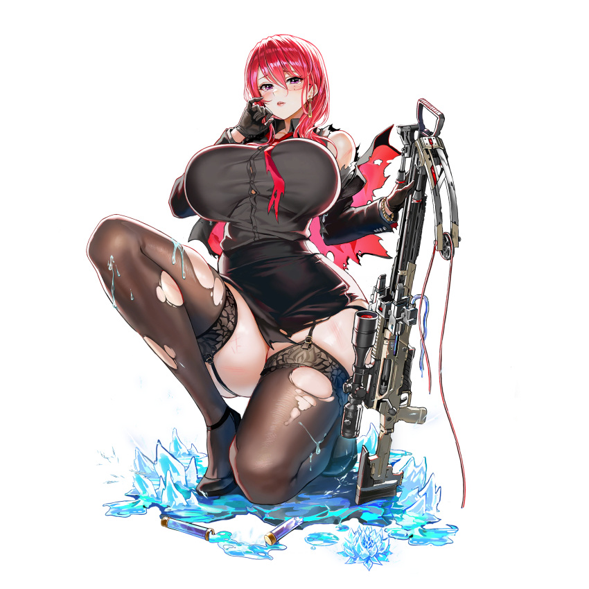 1girl, belt, black_gloves, black_legwear, black_skirt, blush, breasts, crossbow, defeat, earpiece, earrings, full_body, game_cg, garter_straps, gloves, hair_bun, high_heels, highres, hongryeon_(last_origin), jewelry, lace, lace-trimmed_legwear, lace_trim, large_breasts, last_origin, looking_at_viewer, mole, mole_under_eye, necktie, official_art, purple_hair, redhead, skirt, solo, tachi-e, taesi, thigh-highs, thigh_gap, torn_clothes, torn_legwear, transparent_background, weapon