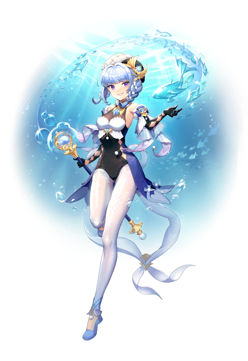 1girl, absurdres, argyle, argyle_cutout, bangs, beret, black_gloves, black_leotard, blue_footwear, blue_hair, blunt_bangs, braid, breasts, clothing_cutout, commentary, detached_sleeves, elbow_gloves, english_commentary, eyebrows_visible_through_hair, fish, full_body, gloves, hat, highres, holding, holding_staff, leotard, looking_at_viewer, medium_breasts, medium_hair, original, parted_lips, smile, solo, staff, sungja, tailcoat, teeth, violet_eyes, water, white_background, white_headwear, white_legwear