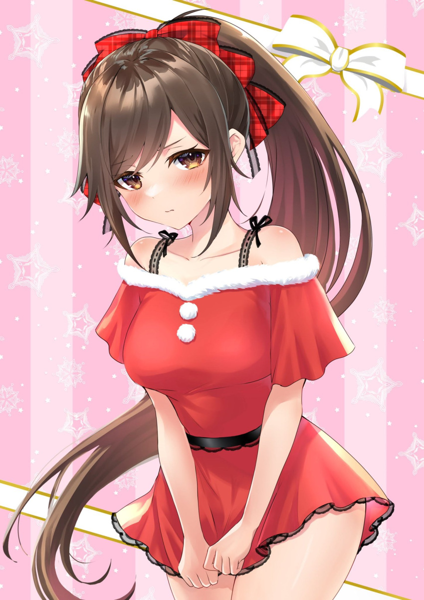 1girl, blush, bow, brown_eyes, brown_hair, christmas, dress, embarrassed, hair_bow, highres, jura, kimamani_live, long_hair, looking_to_the_side, pale_skin, pink_background, ponytail, santa_costume, santa_dress, short_dress, solo, tobiume_kaoru, virtual_youtuber