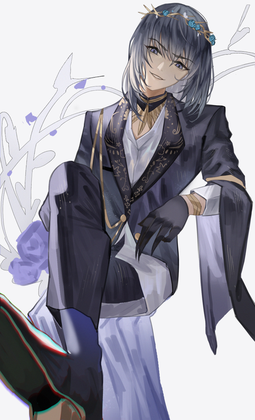 1boy, absurdres, aiguillette, bishounen, black_eyes, black_gloves, black_hair, black_pants