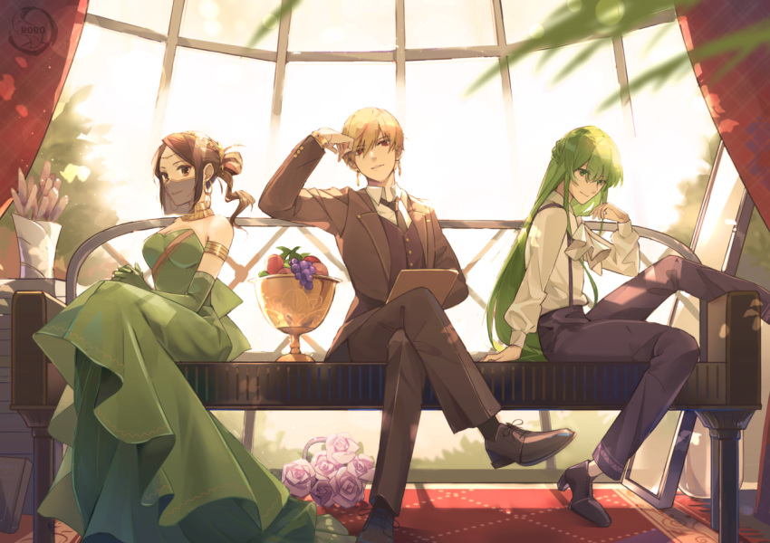 1boy, 1girl, 1other, a_ching, alternate_costume, armlet, ascot, black_footwear, black_hair, black_pants, black_suit, blonde_hair, bracelet, brown_eyes, dress, earrings, elbow_gloves, enkidu_(fate), fate/grand_order, fate_(series), flower, food, formal, fruit, gilgamesh_(fate), gloves, grapes, green_dress, green_eyes, green_gloves, green_hair, hair_bun, indoors, jewelry, long_hair, pants, red_eyes, rose, shirt, shoes, short_hair, siduri_(fate), sitting, smile, white_shirt, window