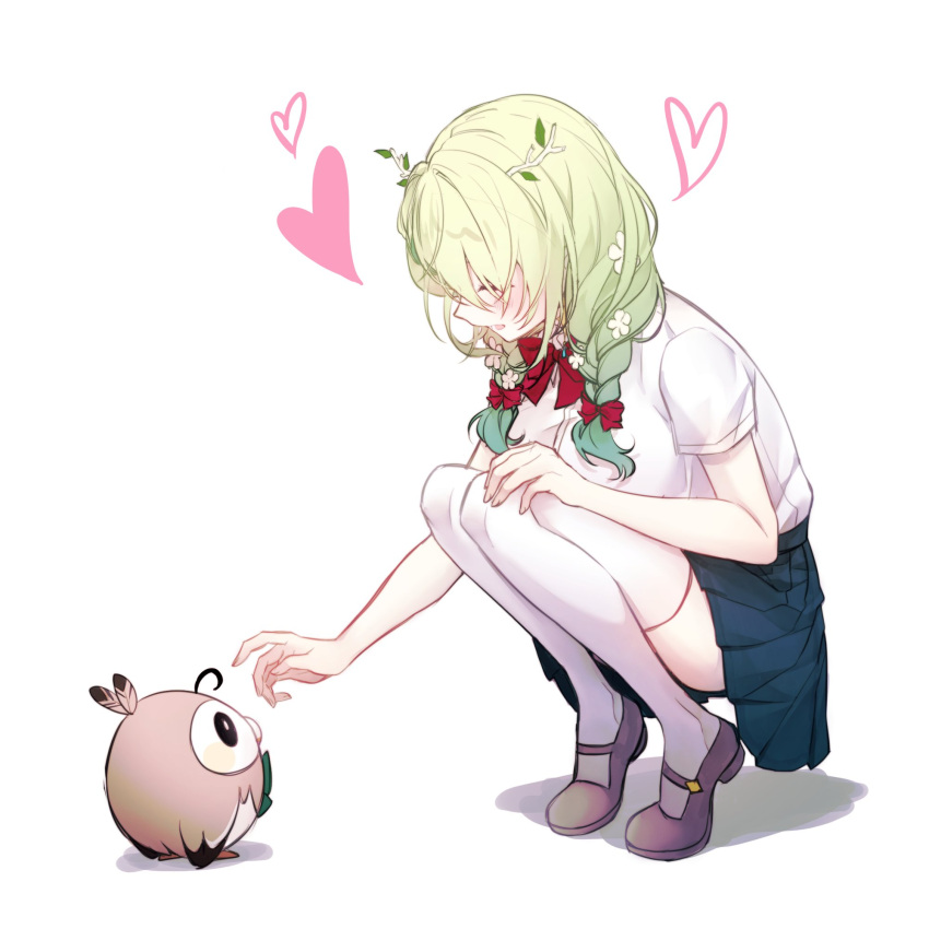1girl, bangs, blue_skirt, blush, bow, bowtie, braid, breasts, brown_footwear, ceres_fauna, closed_eyes, commentary, crossover, dabi_(15dldl15), english_commentary, flower, from_side, full_body, green_hair, hair_bow, hair_flower, hair_ornament, hair_over_shoulder, hand_on_own_knee, heart, highres, hololive, hololive_english, large_breasts, long_hair, open_mouth, pleated_skirt, pokemon, pokemon_(creature), profile, red_bow, red_bowtie, rowlet, school_uniform, shirt, short_sleeves, skirt, smile, solo, squatting, thigh-highs, twin_braids, twintails, virtual_youtuber, white_legwear, white_shirt