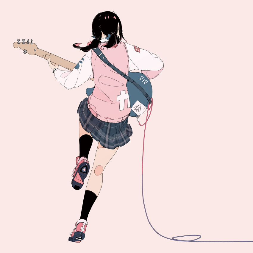 1girl, black_hair, black_legwear, blue_skirt, commentary_request, daisukerichard, electric_guitar, from_behind