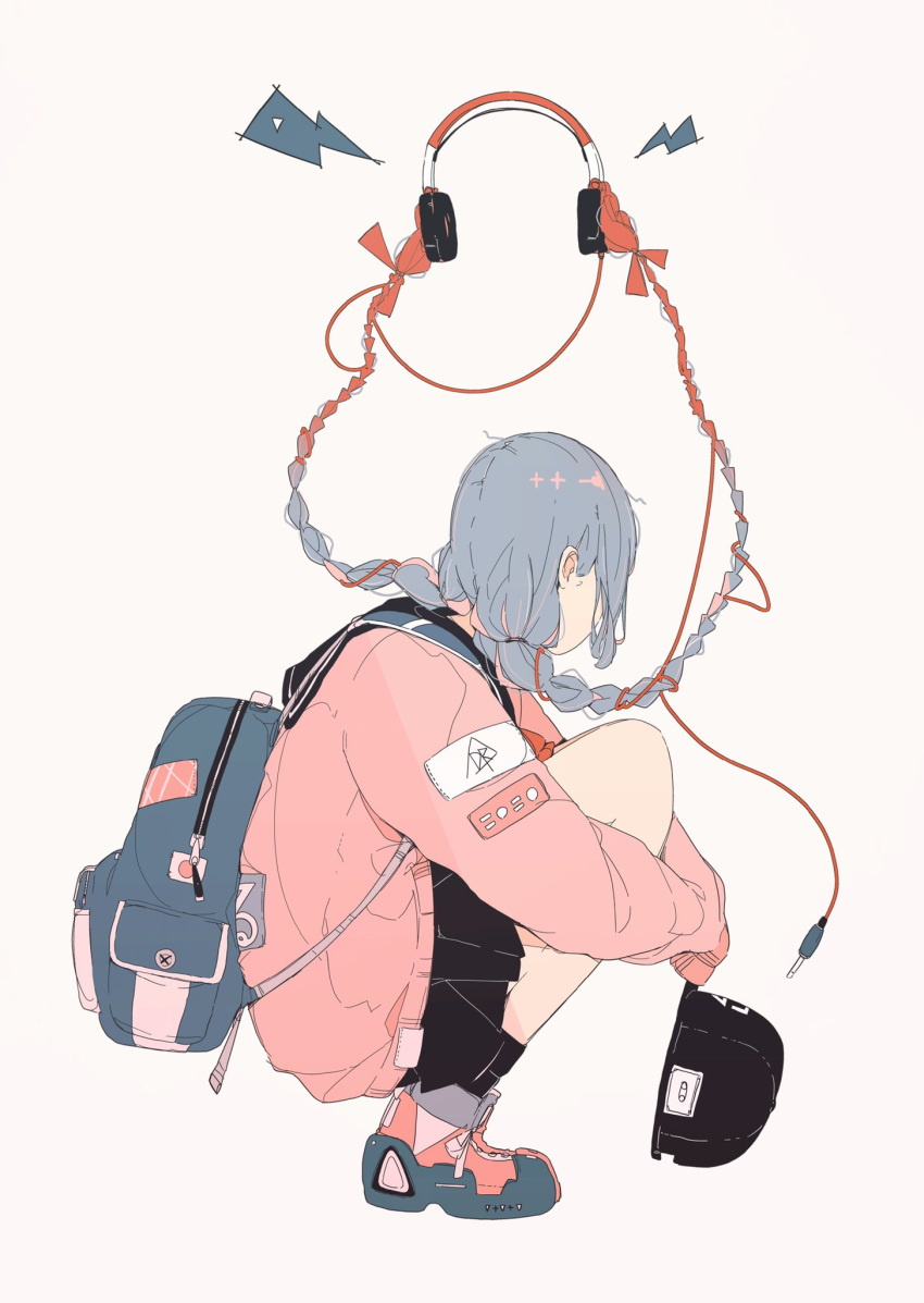 1girl, backpack, bag, black_headwear, black_skirt, blue_bag, blue_footwear, blue_hair