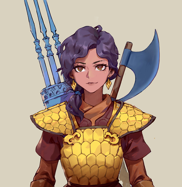 1girl, arabian_clothes, armor, axe, brown_background, brown_eyes, closed_eyes, dark-skinned_female