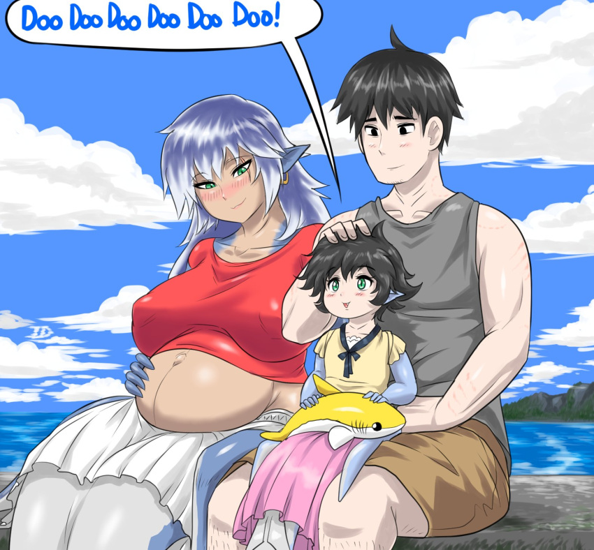 1boy, 2girls, :>, baby_shark, black_eyes, black_hair, blue_skin, blush