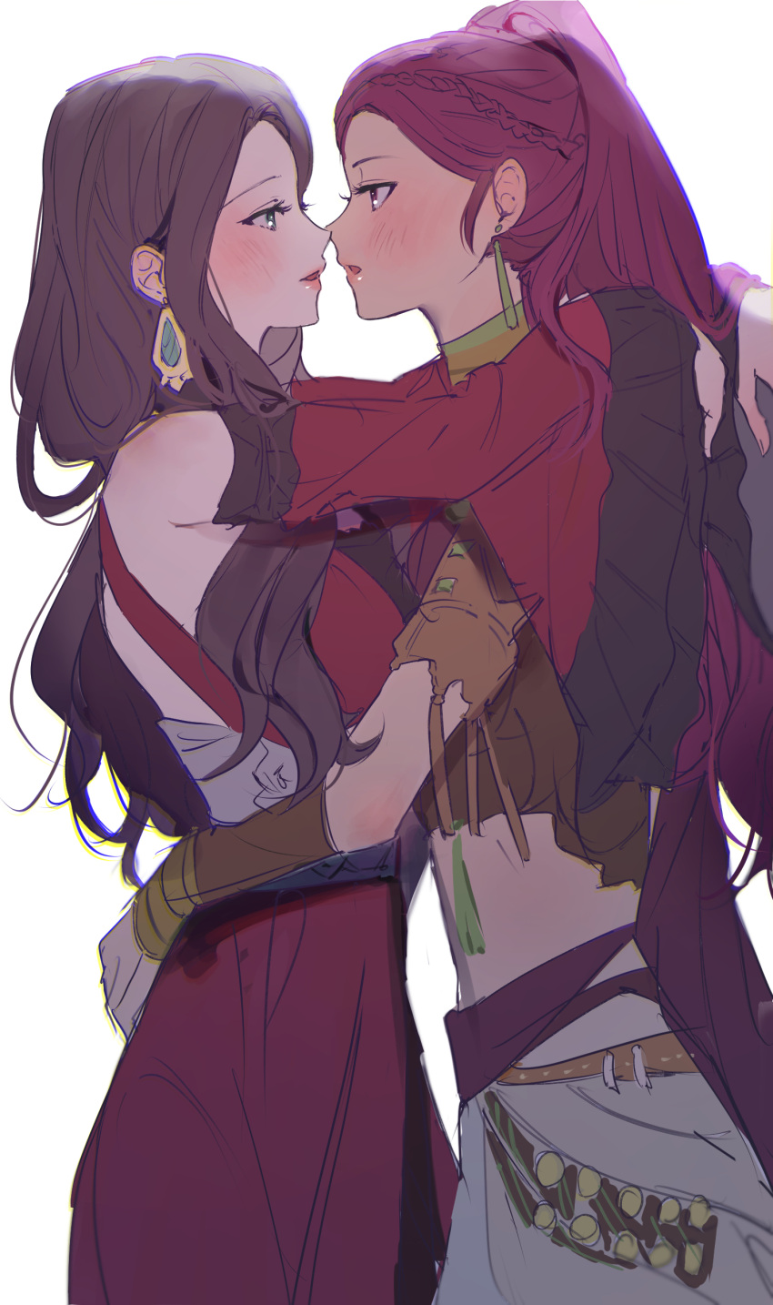 2girls, absurdres, arms_around_waist, blush, braid, brown_hair, couple, dorothea_arnault, dress, eye_contact, fire_emblem, fire_emblem:_three_houses, frilled_sleeves, frills, highres, hug, imminent_kiss, l_uyp, long_hair, looking_at_another, multiple_girls, petra_macneary, ponytail, simple_background, very_long_hair, wide_sleeves, yuri