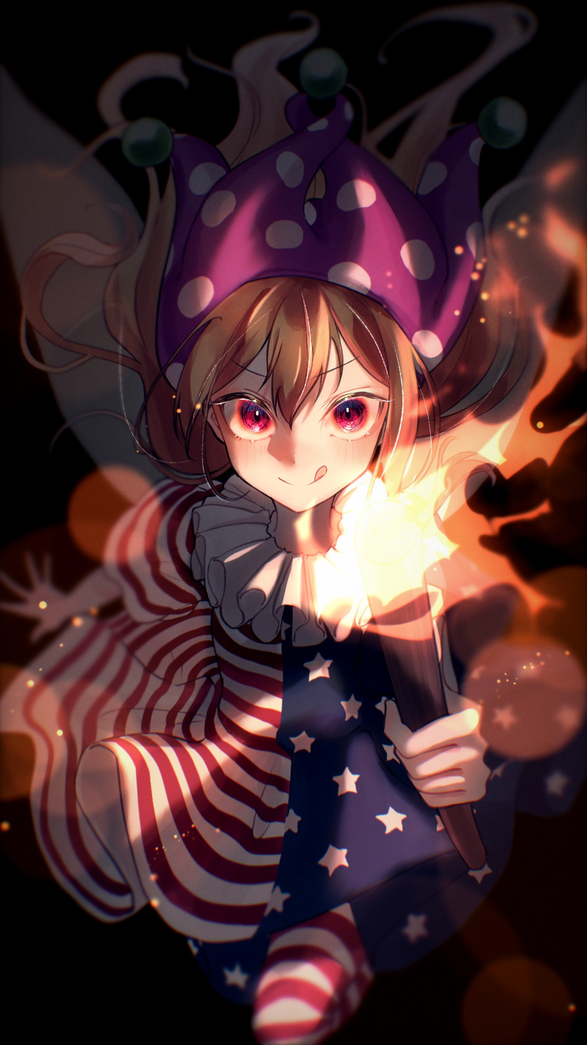 1girl, :q, american_flag_dress, american_flag_legwear, bangs, black_background, blonde_hair, blurry