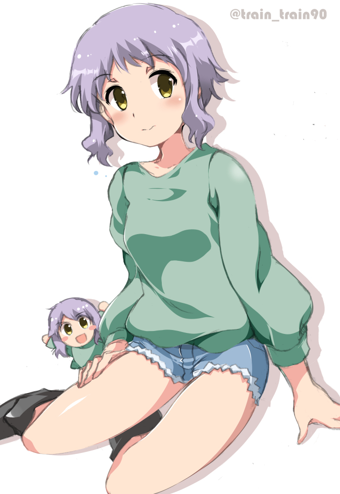 2girls, arms_up, bangs, bare_legs, black_footwear, blue_shorts, blush, blush_stickers
