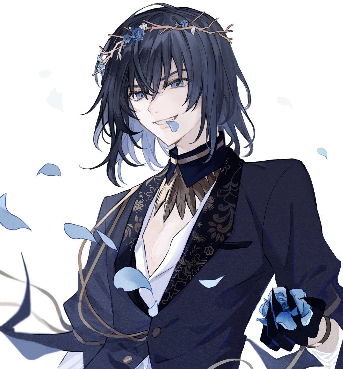 1boy, black_gloves, black_hair, black_jacket, blue_flower, blue_rose, bracelet, fate/grand_order