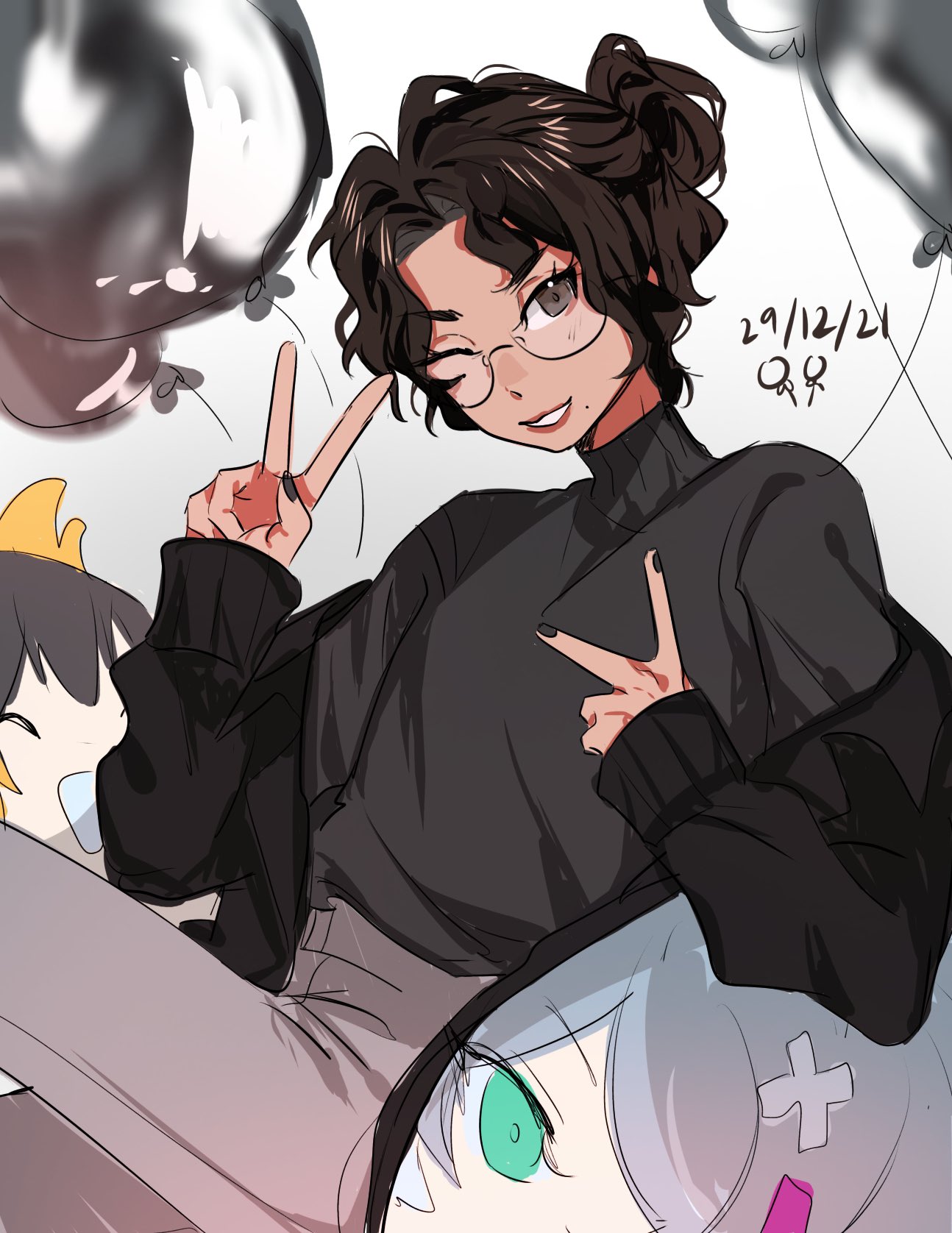 1girl, balloon, bangs, black_eyes, black_hair, black_sweater, character_pillow, dark-skinned_female, dark_skin, elira_pendora, glasses, highres, looking_to_the_side, mei_(adomanju), mole, mole_under_mouth, nijisanji, nijisanji_en, parted_bangs, parted_lips, petra_gurin, real_life, self-portrait, smile, solo, sweater, virtual_youtuber