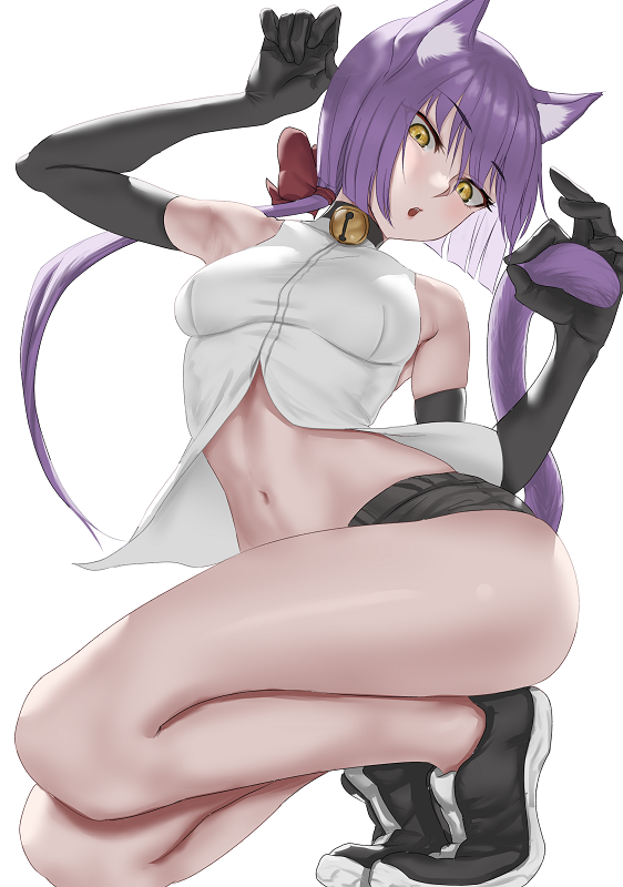 1girl, animal_ears, bare_shoulders, bell, blunt_ends, breasts, cat_ears, cat_girl