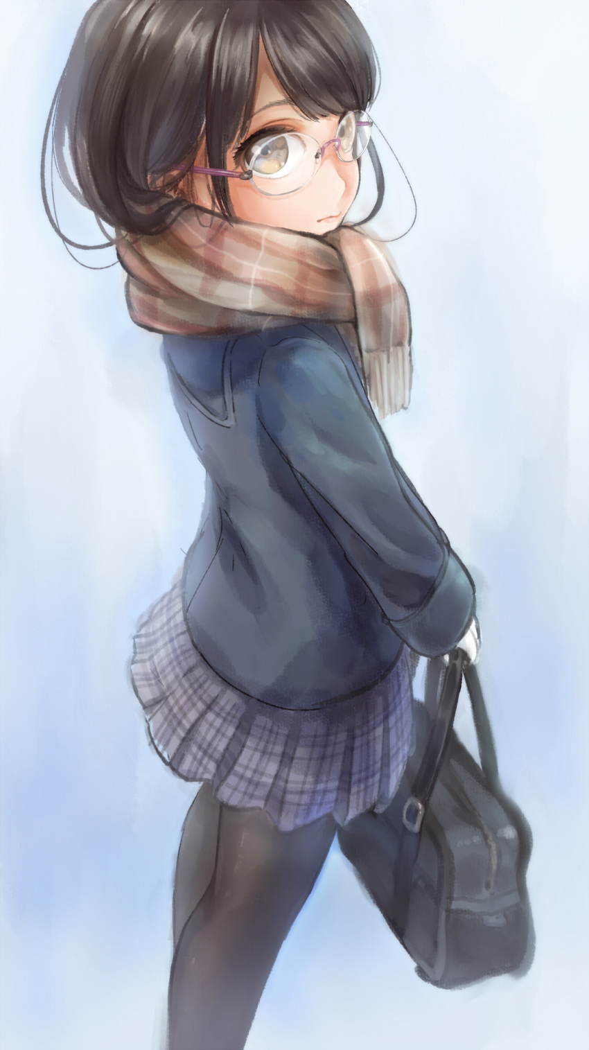 1girl, bag, black_legwear, blue_background, blue_jacket, brown_eyes, brown_hair, closed_mouth