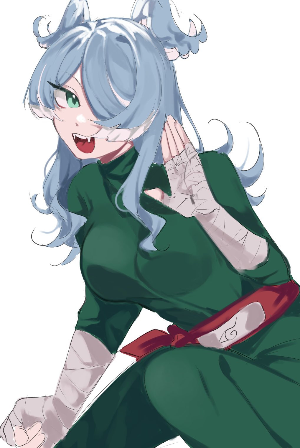 1girl, bandaged_arm, bandages, belt, blue_eyes, bodysuit, brown_belt, cosplay, elira_pendora, english_commentary, fangs, green_bodysuit, head_wings, highres, konohagakure_symbol, long_hair, looking_to_the_side, mei_(adomanju), naruto, naruto_(series), nijisanji, nijisanji_en, open_mouth, rock_lee, rock_lee_(cosplay), sitting, solo, white_background