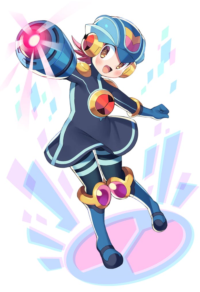1girl, :d, arm_cannon, blue_gloves, blue_headwear, blush, brown_eyes, commentary_request, commission, dress, full_body, fusion, gloves, glowing, happy, helmet, iroyopon, looking_at_viewer, mayl_sakurai_(mega_man), mega_man_(series), mega_man_battle_network, megaman.exe, open_mouth, pantyhose, redhead, short_hair, skeb_commission, smile, solo, standing, striped, striped_legwear, weapon, white_background