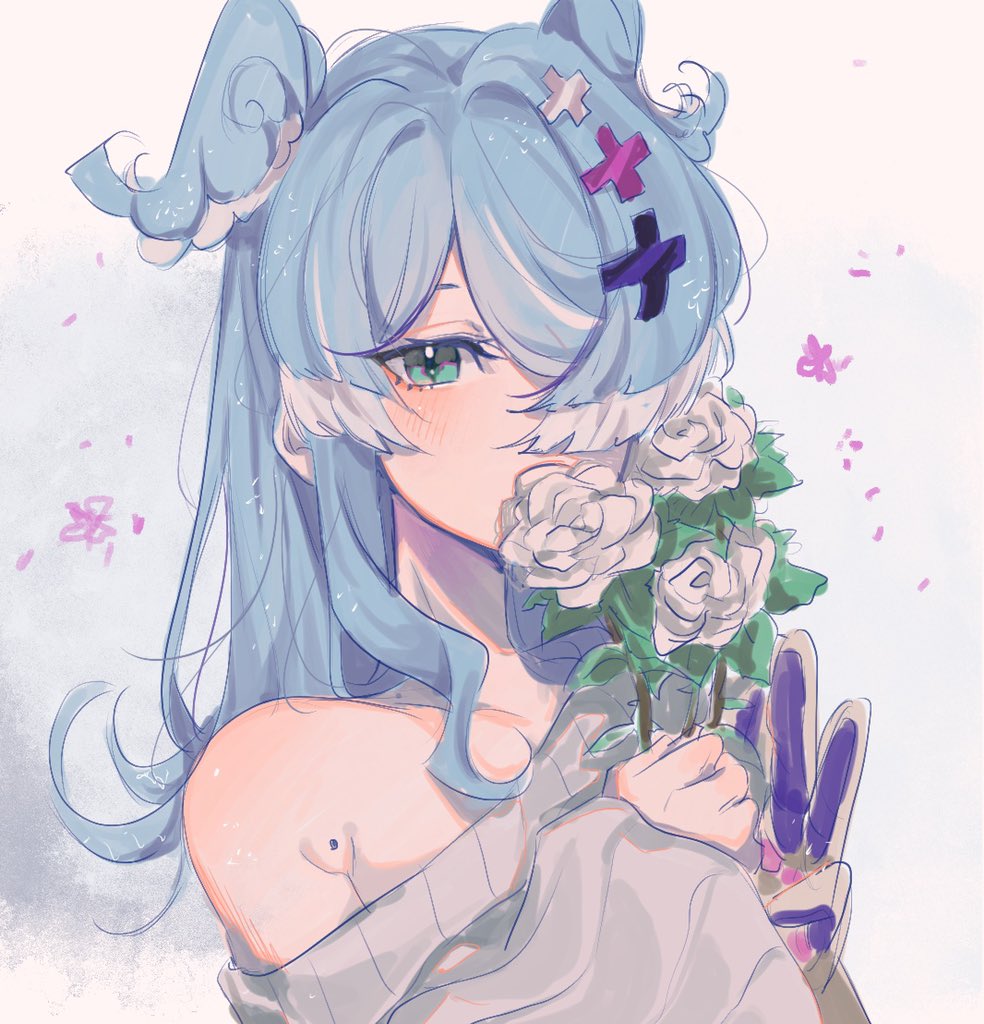 1girl, bad_id, bad_twitter_id, blue_eyes, blush, collarbone, elira_pendora, flower