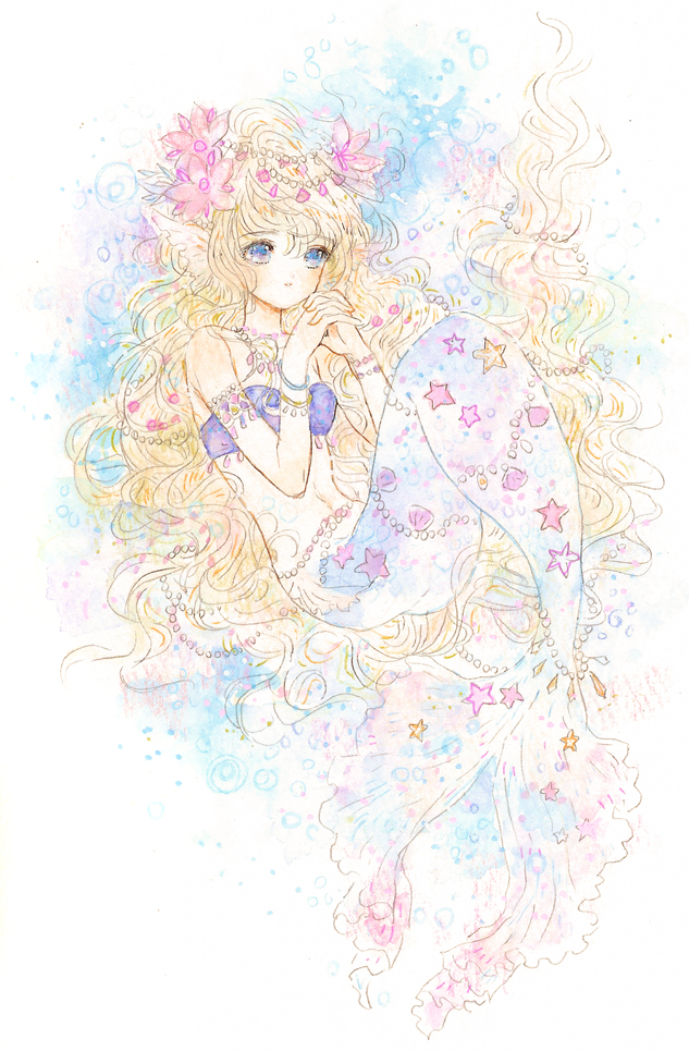 1girl, blonde_hair, blue_eyes, blush, bracelet, eyebrows_visible_through_hair, fins, flower