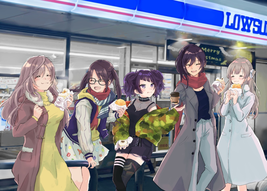 5girls, asymmetrical_legwear, bangs, baozi, black_hair, black_shorts, brown_coat, brown_hair