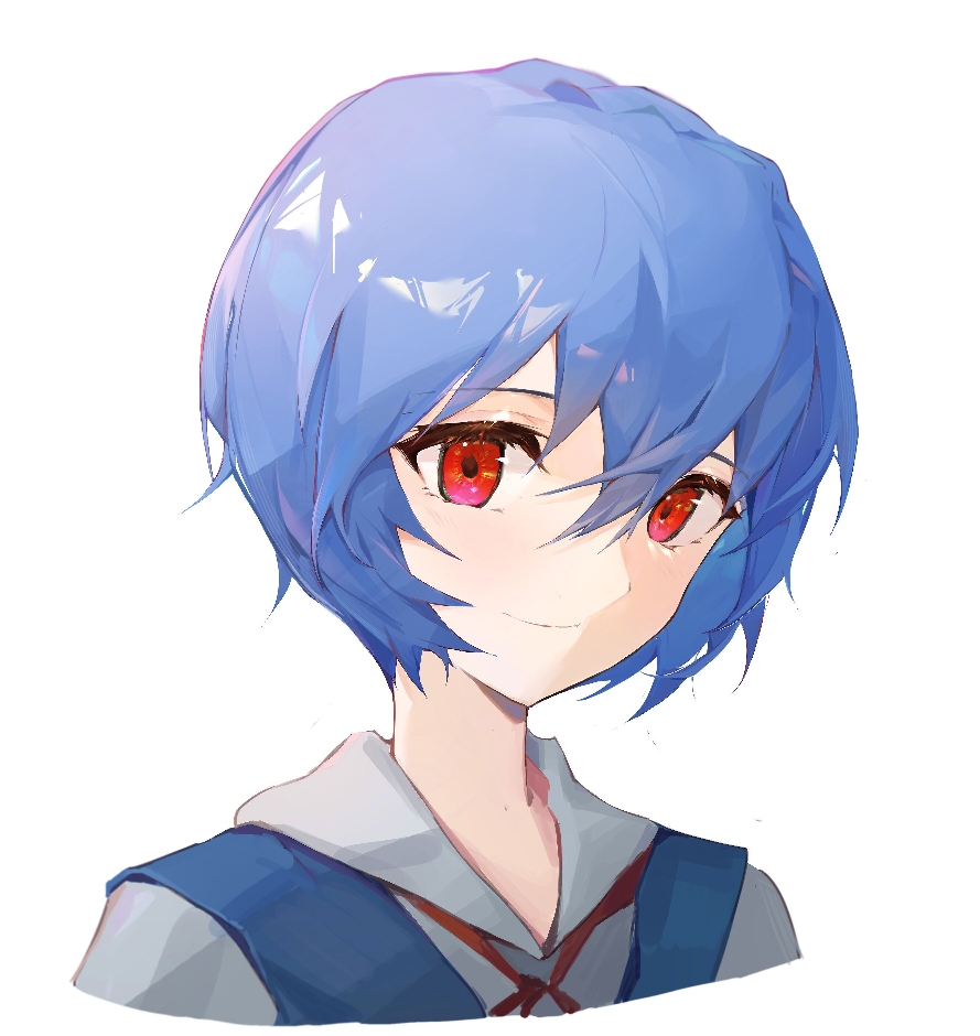 1girl, ayanami_rei, blue_hair, emokaki, looking_at_viewer, neon_genesis_evangelion, red_eyes, school_uniform, simple_background, smile, solo, tokyo-3_middle_school_uniform_(evangelion), white_background