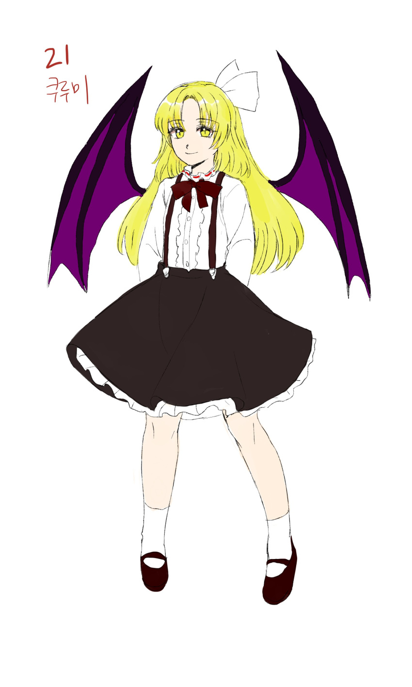 1girl, absurdres, arms_behind_back, bangs, bat_wings, black_skirt, blonde_hair, bow