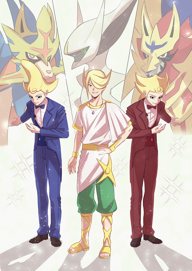 3boys, arceus, blonde_hair, bow, bowtie, formal, green_(gurin), multiple_boys
