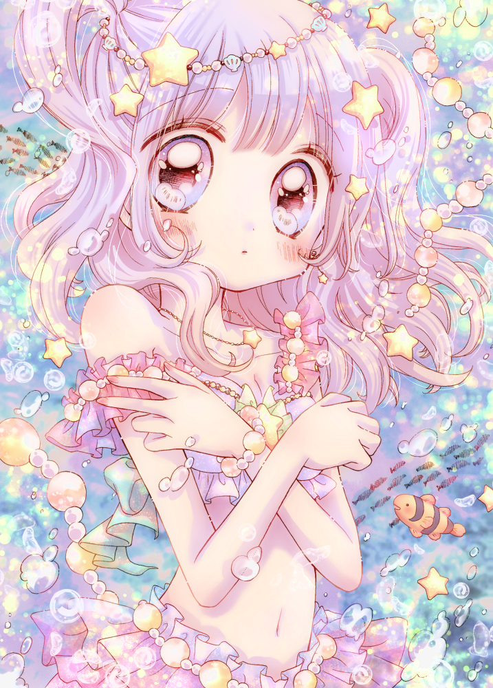 1girl, bikini, blush, breasts, brooch, bubble, covering, covering_chest, eyebrows_visible_through_hair, jewelry, medium_breasts, medium_hair, mermaid, mind_08, monster_girl, necklace, original, solo, star_(symbol), star_brooch, star_necklace, strapless, strapless_bikini, swimsuit, tareme, two_side_up, underwater, upper_body, violet_eyes