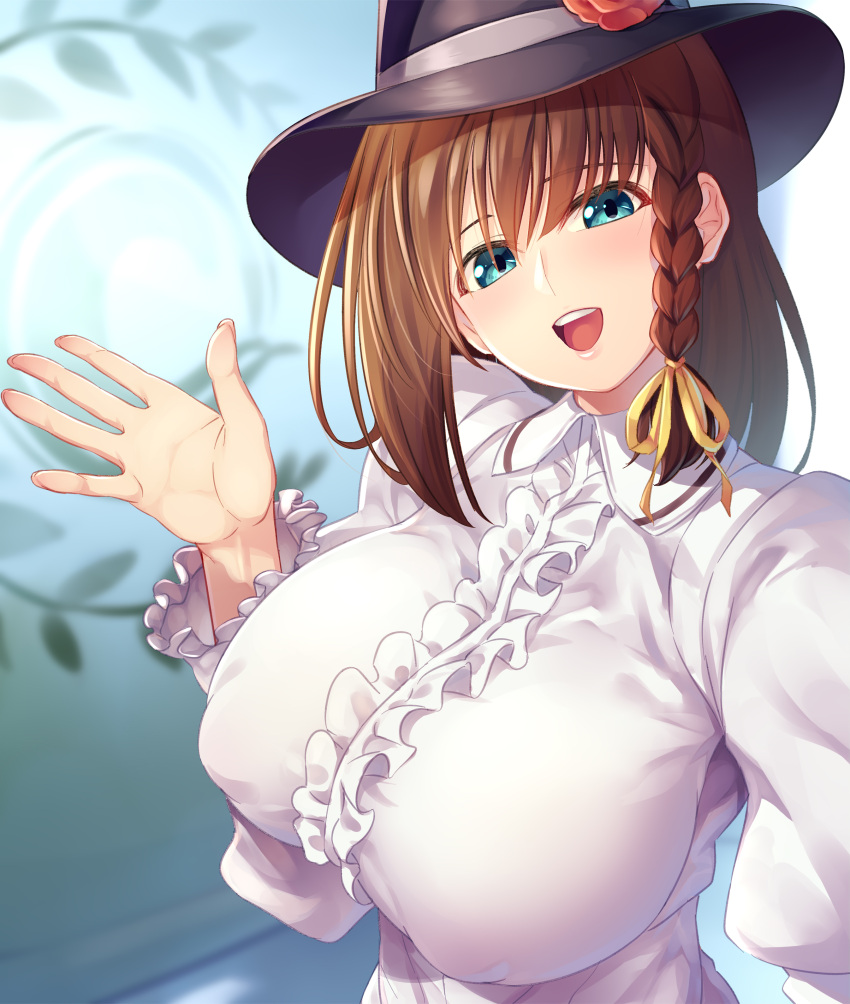 1girl, 846-gou, absurdres, bangs, black_headwear, blush, braid, breasts