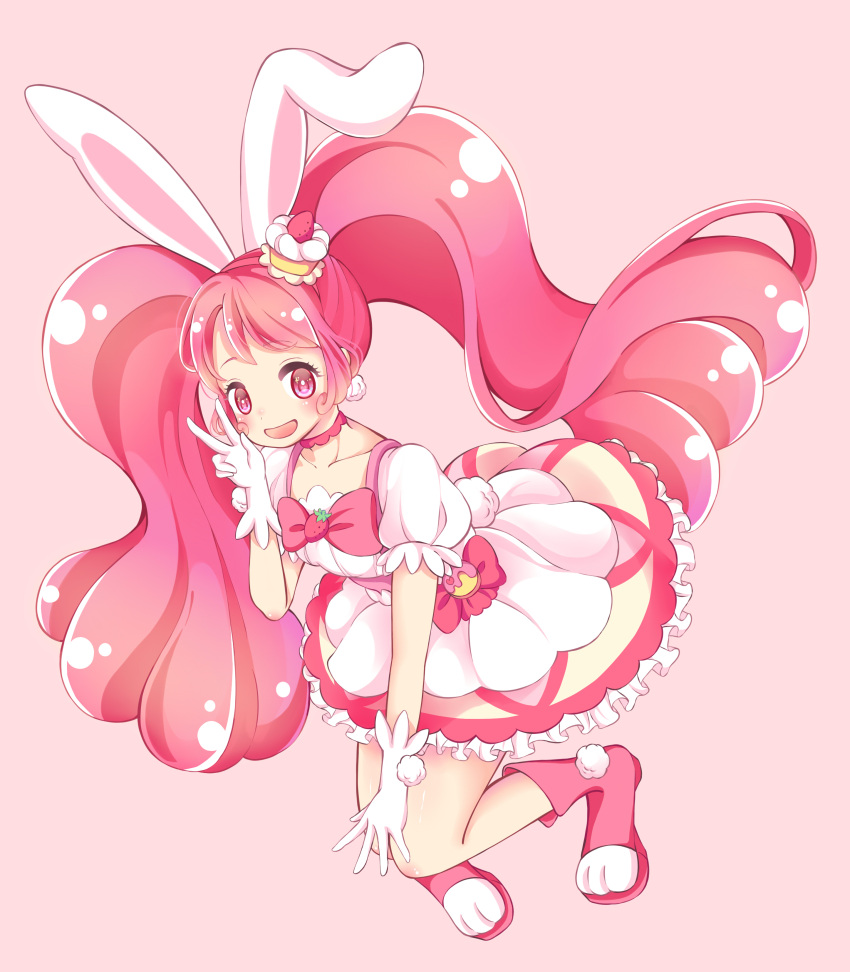 1girl, absurdres, animal_ears, ayumin39, bow, cake_hair_ornament, choker, cure_whip, dress, food-themed_brooch, food-themed_clothes, food-themed_hair_ornament, gloves, hair_ornament, highres, kirakira_precure_a_la_mode, long_hair, looking_at_viewer, magical_girl, open_mouth, pink_background, pink_eyes, pink_footwear, pink_hair, pink_theme, precure, puffy_short_sleeves, puffy_sleeves, rabbit_ears, short_dress, short_sleeves, simple_background, smile, solo, twintails, usami_ichika, v, very_long_hair, waist_bow, white_gloves
