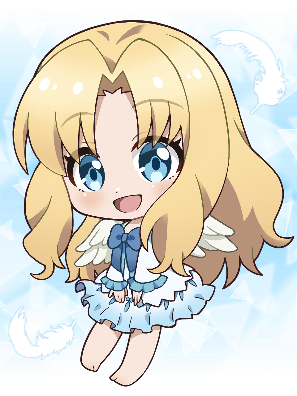1girl, 32ki7san, angel_wings, bangs, barefoot, blonde_hair, blue_eyes, blush, chibi, dress, eyebrows_visible_through_hair, feathered_wings, firo_(tate_no_yuusha_no_nariagari), highres, long_hair, long_sleeves, looking_at_viewer, open_mouth, smile, solo, tate_no_yuusha_no_nariagari, very_long_hair, white_wings, wings