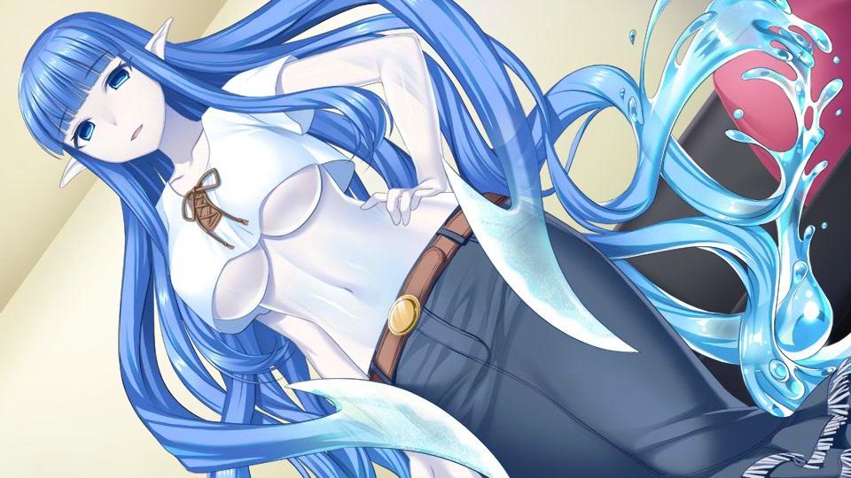 1girl, absurdly_long_hair, artist_request, bangs, belt, blue_eyes, blue_hair, blue_skin