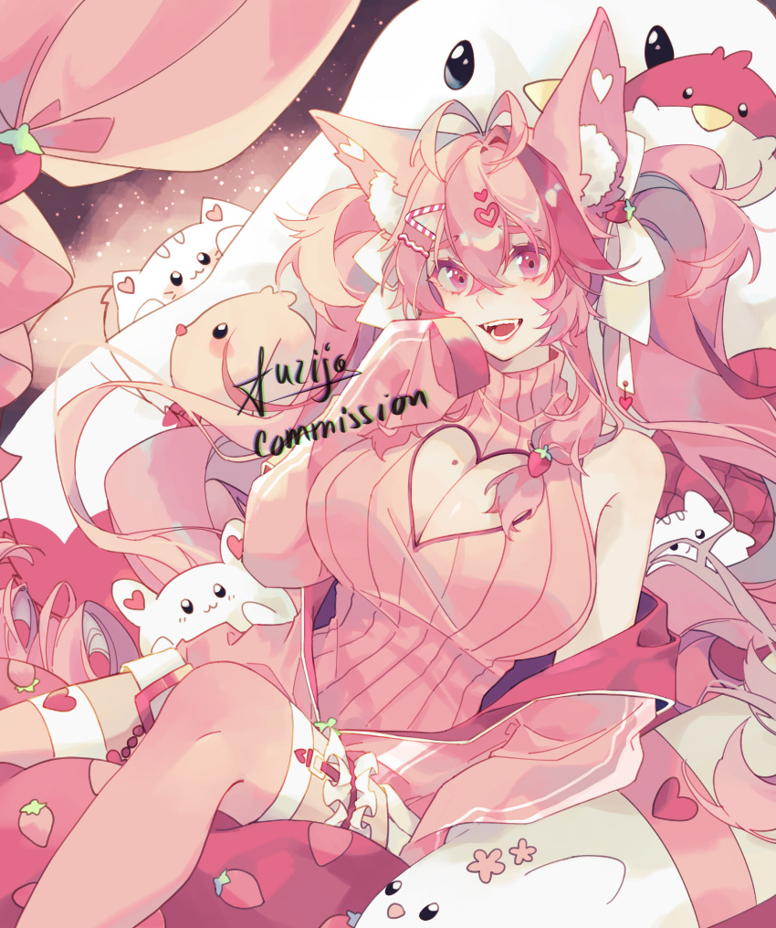 1girl, ahoge, animal_ears, bangs, breasts, commission, eyelashes, fangs, fluff, fluffy, food, food-themed_hair_ornament, fox_ears, fox_girl, fruit, fuzijo, hair_ornament, highres, indie_virtual_youtuber, kireina_(osiimi), large_breasts, no_hands, open_mouth, pink_eyes, pink_hair, pink_legwear, solo, strawberry, strawberry_hair_ornament, twintails, virtual_youtuber